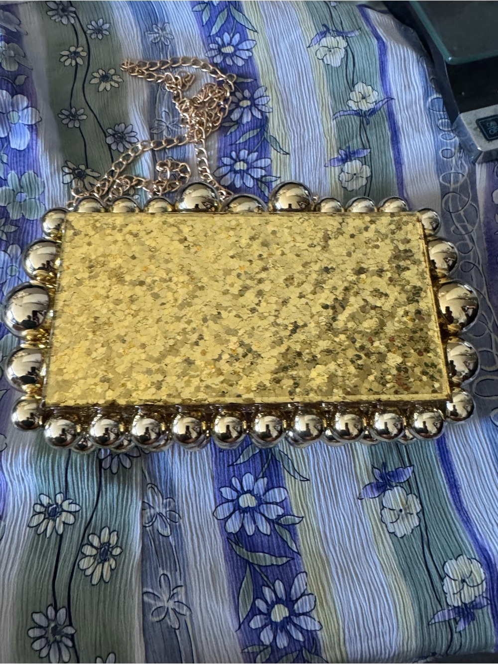 Gold Glitter Beaded Edge Evening Clutch with Chain Strap